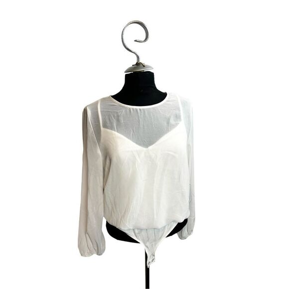 1 State Ladies Transparent Pearl white Bodysuit blouse size M NWT - Picture 1 of 15